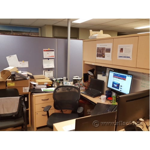 Blue Fabric Panel Office Cubicle Dividers, Dark Wood Trim Allsold.ca